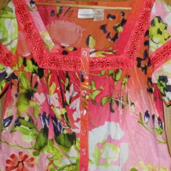 Harve Bernard Floral Peasant Blouse Cotton Top Button Front Shirt M Short Sleeve - Picture 4 of 5